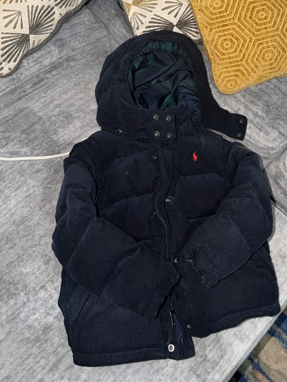 Ralph Lauren Navy Corduroy Puffer Jacket with Hood